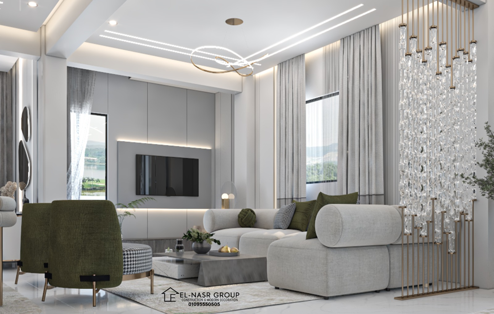 خلفية — مشروع صالة معيشة بفاصل كريستالى ذهبى — تصميم 3D