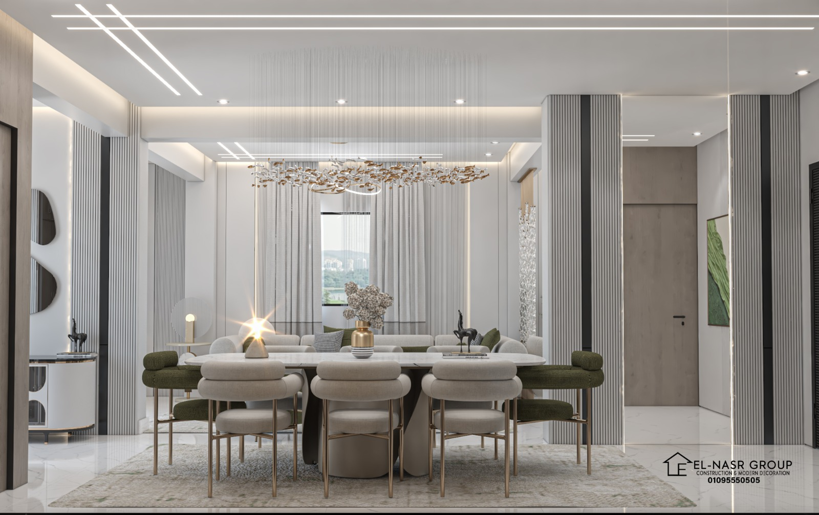 مشروع غرفة سفرة أبيض وأخضر بلمسة ذهبية — تصميم 3D — تصميم داخلي من النصر جروب
